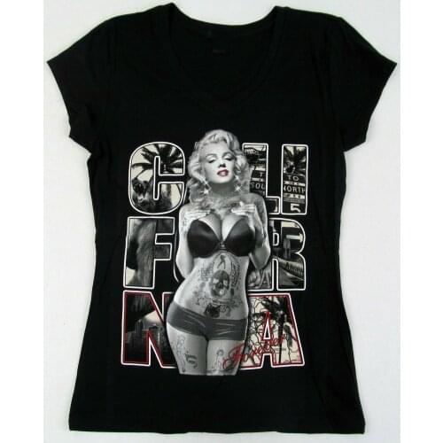 MARILYN MONROE V-Neck T-shirt California Tattoo Tee Womens JUNIORS S-XL Black