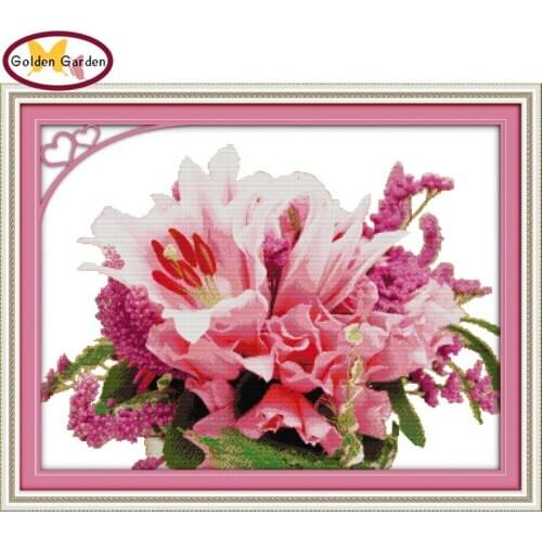 GG Pink Lily Pattern Joy Sunday Cross Stitch Crafts Embroidery Painting Sets Chinese Counted Cross Stitch Kits for Home Decor