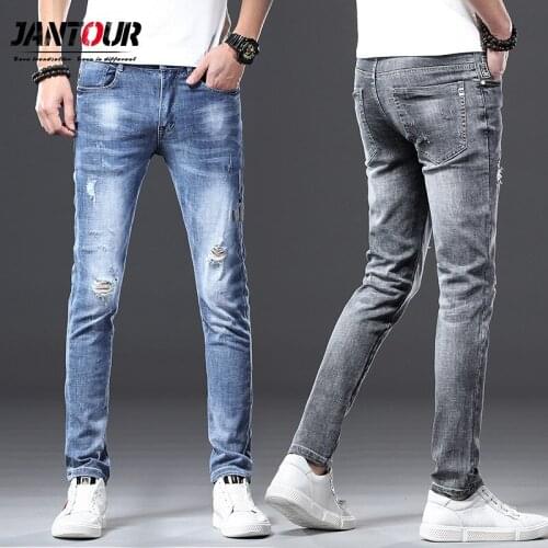 Jantour 2020 New Brand Top Quality Long Full Trousers Jeans Men Cotton Fabric Clothing Male Causal Solid Blue Gary Pants mens