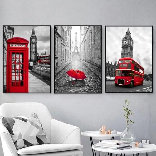 Red Yellow Umbrella Poster And Print Telephone Booth Nordic Canvas Paintings Wall Art Decorative Picture Canvas Print City Decor