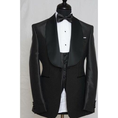 Fashionable One Button Black Dot Groom Tuxedos Shawl Lapel Groomsmen Men Blazers 3 pieces Suits (Jacket+Pants+Vest+Tie) NO:271