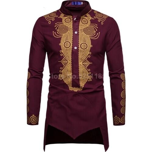 Men African Clothing Gold Printed T-shirt Traditional Dashiki Blouse High Collar Coat Tunic Groom Tee Tops Caftan Ankara Clothes
