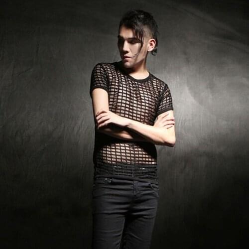 Men nightclub sexy hollow mesh short sleeve slim fit t shirt mens stage punk tee shirts costume korean style skinny clothes tops