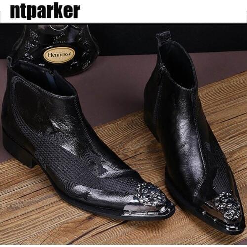 Ntparker Personalized Black Men High Top Leather Shoes Fashion Designer Metal Toe Zip Ankle Men Boot, EU38-46
