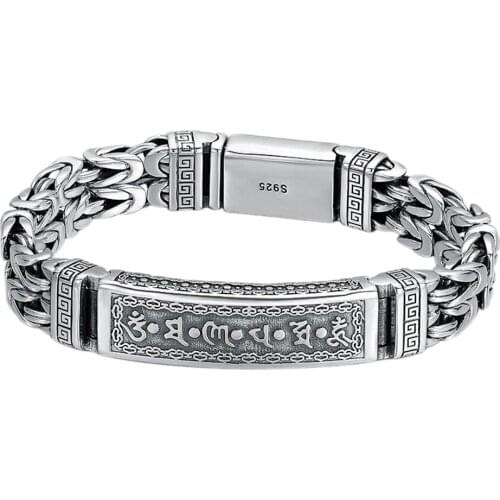 BOCAI New Real s925 sterling silver jewelry retro peace pattern personality six-character mantra man bracelet good luck and Safe