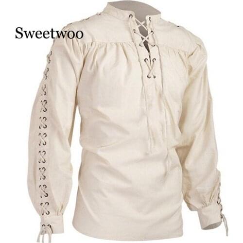 New Mens shirts Medieval Pirate Shirts Renaissance Lace Up Scottish Blouses Tops Vintage Solid Bandage Mens Long Sleeve Shirt