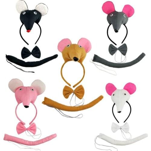 Cute Plush Animal Mouse Rat Hair Hoop Headband Headwear Tail Bow Tie Set Girl Accessories For Birthday Party Cosplay Carnival