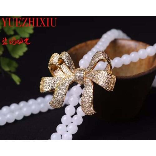 Fine Jewelry Natural 8mm White Jade Bead Necklace, Fashionable Beautiful Ladys micro zircon inlaid Bowknot sweater chain 32