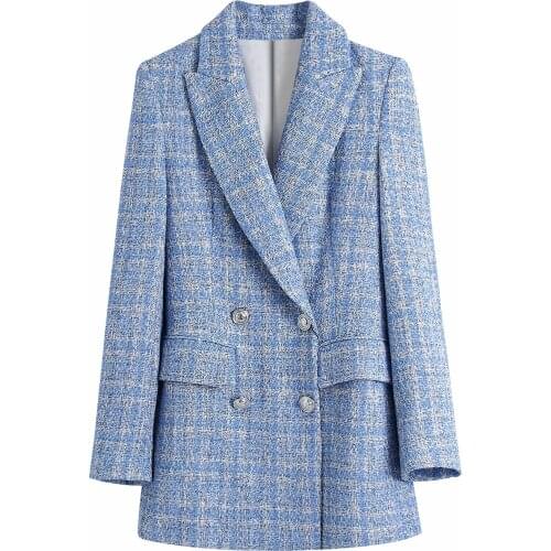 ZA Women Spring AutumnFashion Double Breasted Tweed Check Blazers Coat Vintage Long Sleeve Female Outerwear