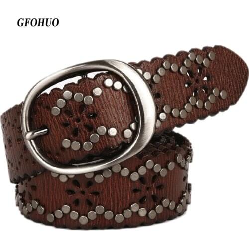 Jeans Heavy Metal Rivet Belts For Women Genuine Leather Hollow Out Cowskin Belt Punk Rock Female Strap Ceinture Homme