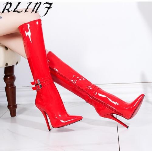 RLINF Sexy Super High Heel Boots 13CM Fine with Pointed Patent Leather Stretch Over The Knee Boots High Boots