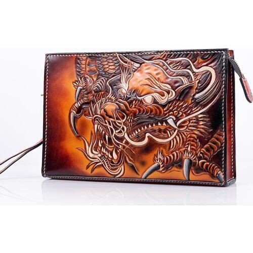 Hand-made Men Vegetable Tanned Leather Bag Money Holder Chinese Dragon Clutch Purse Clutches Envelope Boyfriend Gifts