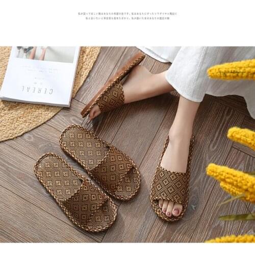Linen Slippers Summer Cooling Bamboo Woven Grass Floor Shoes Couples Unisex Home Slides Indoor Breathable Comfortable Flip Flops
