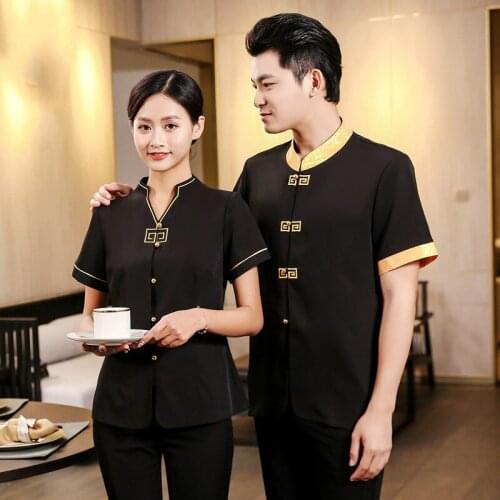 Short-sleeved Tops Tea House Hot Pot Cafe Waiter Uniforms Summer Men and Women Work Clothes Catering Waiter Uniform Clothing