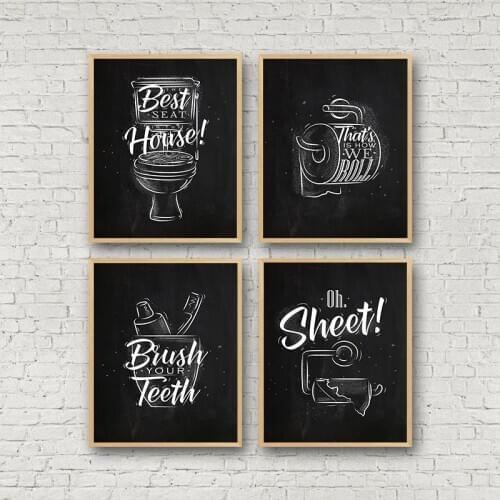 Toilet quote picture bathroom wall decor canvas painting brush canvas art poster fashion black white washroom prints