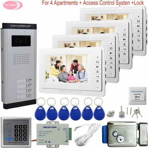 For 4 Apartments Video Door Entry 7inch Video Color Intercom With Electronic Door Lock Monitor for Intercom Home Intercom System