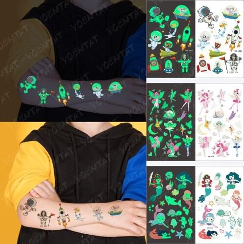 Waterproof Temporary Tattoo Sticker Universe Rocket Mouse Astronaut Luminous Child Animal Tatoo Body Art Luminous Fake Tatto