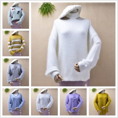 Whole sale real photos winter clothing hairy angora rabbit fur knitted long sleeves pullover fall jumper outwear sweaters tops
