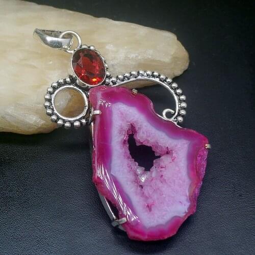 Gemstonefactory Jewelry Big Promotion 925 Silver Natural Hole Druzy Garnet Vintage Women Ladies Gifts Necklace Pendant 0614