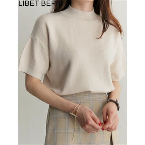 New 2021 Spring Summer Womens T-shirt Tee Bottoming Knitting Loose Basic Casual Fashionable Wild Lady Minimalist Tops T1663