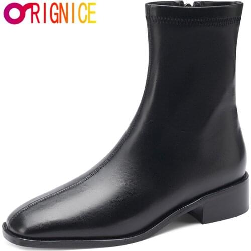 Orignice Women High Quality Leather Zipper Ankle Boots Autumn Winter Fashion Square Toe Chunky Med Heels Office Lady Footwear