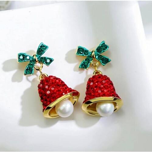 Women Earrings Rhinestone Wind Chime Bell Bow Faux Pearl Stud Earrings Ear Stud Ladies Earings Xmas Christmas Jewelry Gift