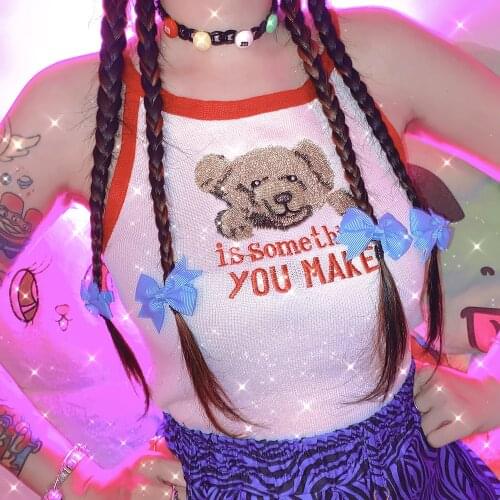 Womens Sexy Gothic Vest Japanese Kawaii Knitted Embroidered Letters Bear Halter Top White Fashion Streetwear Summer Clothes