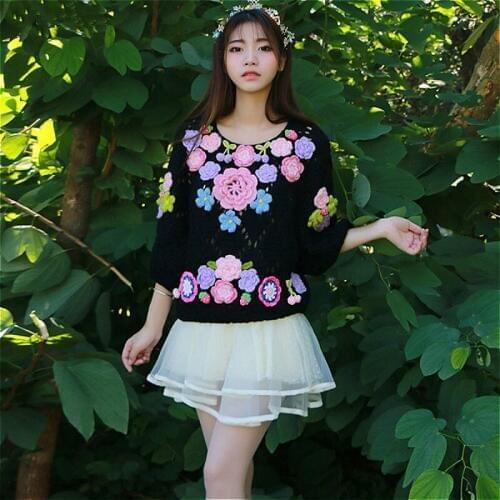 Women Fashion Sweater Korean Handmade Flower Hollowed Knitted Crochet Cherries Casual Floral Pattern Batwing Sleeve Sweaters