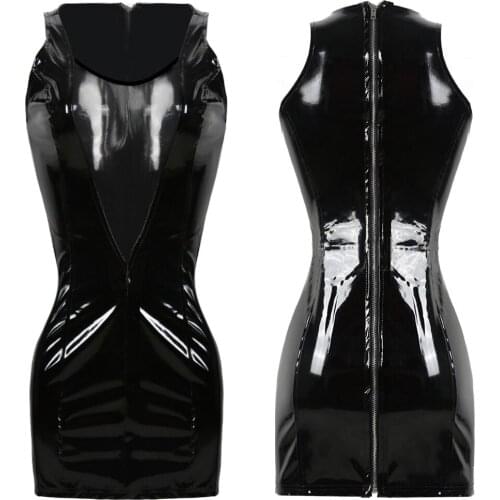 S-XXL Women Sexy PVC Leather Latex Dress Sleeveless With Zipper Bodycon Catsuit Bondage Fetish Punk Clubwear Pole Dance Costume