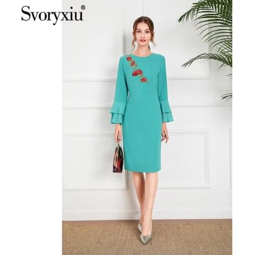 Svoryxiu Fashion Autumn Women Sky Blue Black Knee-Length Dress O-Neck Flower Pattern Sequins Diamond Beaded Elegant Prom Dresses