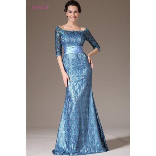 Blue Evening Dresses Mermaid 3/4 Sleeves Floor Length Lace Elegant Women Long Evening Gown Prom Dresses Robe De Soiree