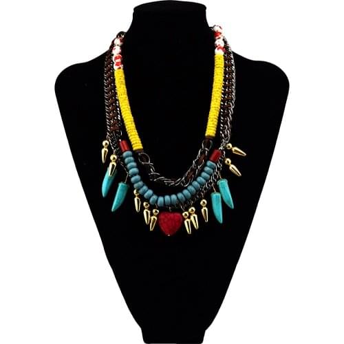 Bohemian vintage colorful Green Stone leather bead multilayers chain choker heart pendent statement necklace women jewelry