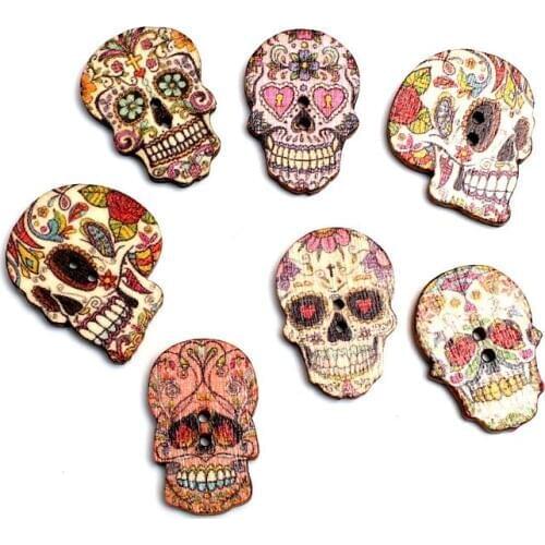 50pcs Mixed 24x20mm Skull Wooden Buttons For Clothes Needlework Scrapbooking Crafts Diy Sewing Accessories Wood Decoration