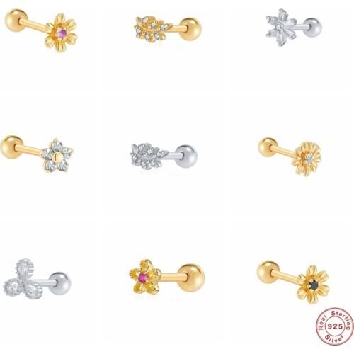 GS 925 Sterling Silver Sweet Daisy Chrysanthemum Stud Earrings for Women Colorful Zircon Flower Leaf Ear Stud Party Jewelry 1PC