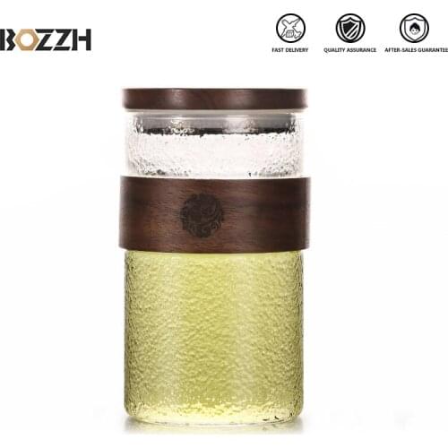 BOZZH 350ML Frosted Glass Tea Cup Glass Tea Bottle Anti Scalding Wood Ring Cover Transparent Water Bottle With Filter Drinkware