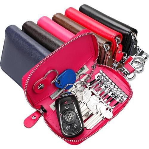 TRASSORY Unisex Genuine Leather Key Holder Wallet Purse Shape Keychain Hot Pink Keychain Pouch Women