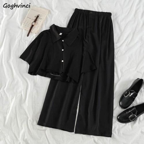 Pants Sets Women Short Sleeve Shirts Retro Solid Wide Leg High Waist Female All-match Simple Fashion Loose Students Chic Casual