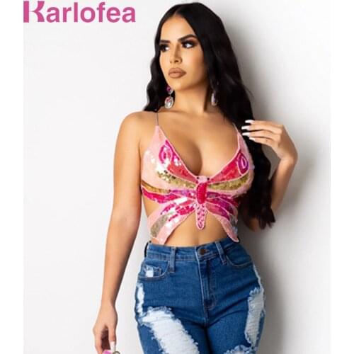 Karlofea Female Sexy Backless Cross Strap Camis Top Chic Butterfly Shape Sequin Club Party Outfits Wear New Crop Tops Clothing