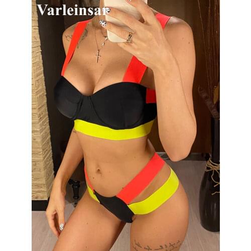 Splicing Bikini Push Up Swimsuit Female Swimwear Women Two-pieces Bikini set With Bra Cup Bather Bathing Suit Swim Lady V2707