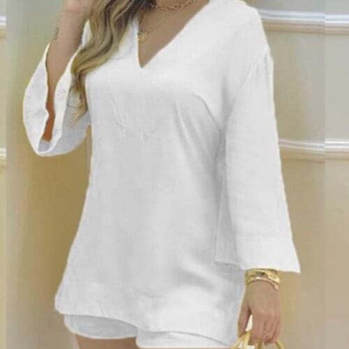 Summer Women Solid Shorts Two Piece Set V-neck Flare Long Sleeve Female Lounge Wear Suits 2021 Casual Ladies Outfits Plus Size