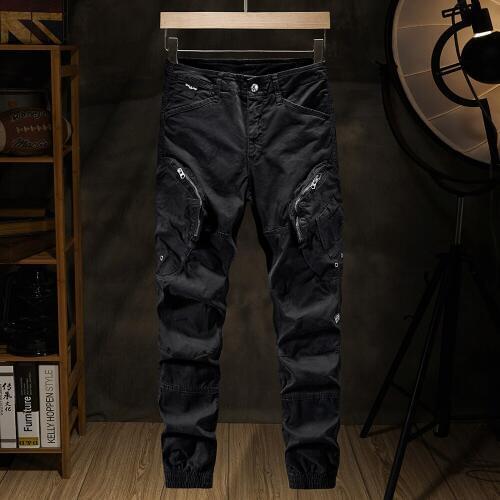 Fashion tide Simple brand mens harem pants multi-pocket slim mens overalls zipper Big pocket jogging homme pantalon