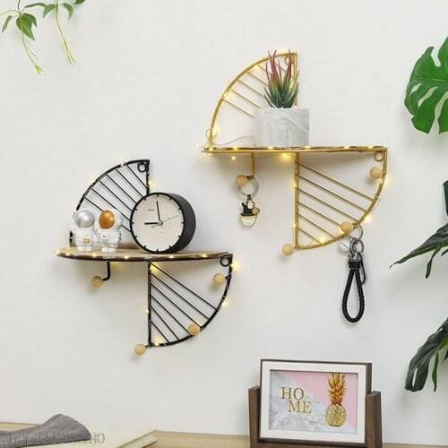 Retro Sector Wall Unit Wood Metal Hanging Shelf Office Sundries Art Storage Rack Home Wooden Decor Craft Holder(Without nails)