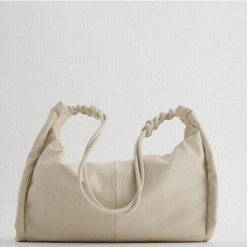 New Womens Simple and Versatile Light Beige Side Pleated Decorative Shoulder Shopping Bag Tote Bag