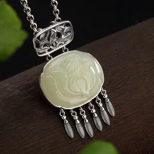 Real 2018 New S925 pure silver hetian jade white jade lotus Mosaic tassel women high-grade sweater wholesale chain pendant