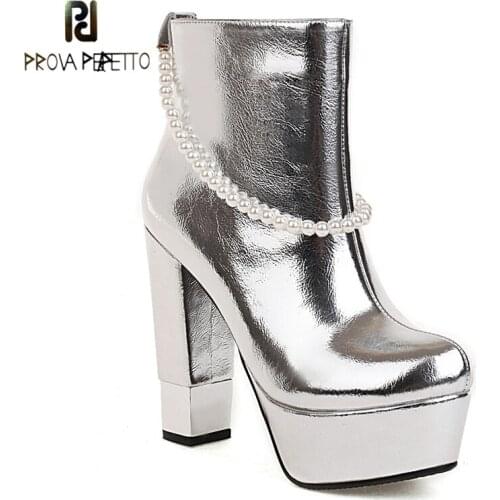 2021 Autumn and Winter New Product Cowhide Super High Heel Thick Heel Waterproof Thick Bottom Side Zipper Pearl Chain Boots