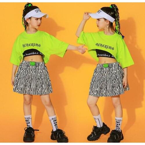 Girls Hip Hop Clothing Green Tops Zebra Skirt For Kids Street Dance Costume Modern Jazz Ballroom Dancing Clothes Rave Wear