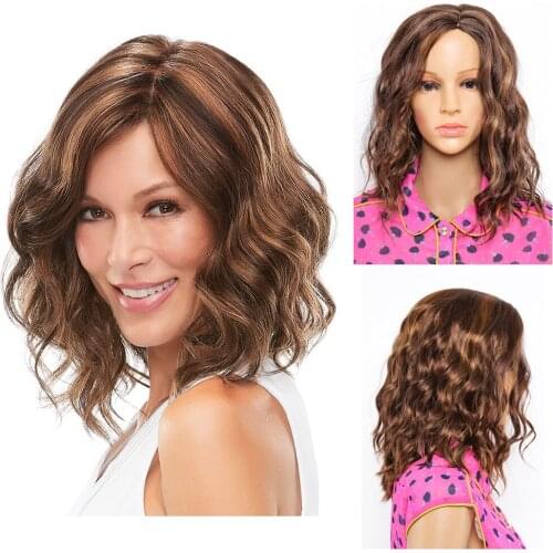 14 inch Bob Wigs Natural Wavy Curly Synthetic Hair Wig with Bangs wigs for Black Women Brown Mixed Short Heat Resistant Wig