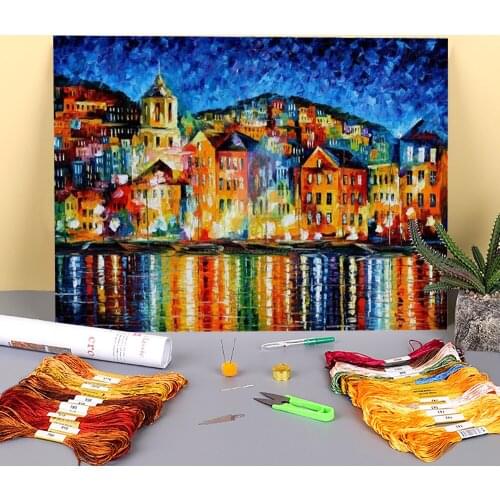 Town At Harbor Printed Water-Soluble Canvas 11CT Cross-Stitch DIY Embroidery Patterns DMC Threads Painting Sewing Floss