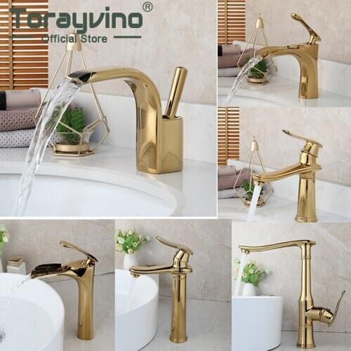 Luxury Faucet Bathroom Brass Gold Torneira Misturador Banheiro Deck Mounted Taps Single Handle Waterfall Mixer Tap Good Quality