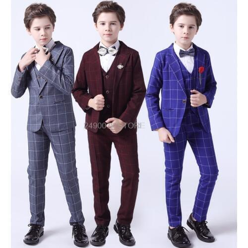 Flower Boys Luxurious Wedding Suit Kid Plaid Jacket Vest Pants Bowtie 4Pcs Formal Dress Children Piano Performance Party Costume